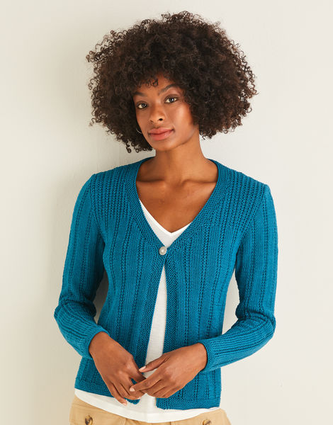 Sirdar 10111 Neat Textured Cardigan knitted in DK/#3 weight yarn. For adults